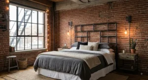 Dark iron metal headboard framed by hanging Edison bulb wall sconces in an industrial style bedroom.