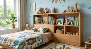 Kids twin size wooden headboard with built-in storage shelves holding storybooks and stuffed animals.