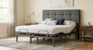 King size gray upholstered headboard safely mounted to an adjustable bed frame in a master bedroom.