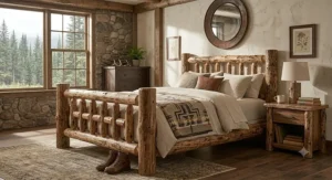 Handcrafted log style wood bed frame in a mountain lodge rustic bedroom decor design.