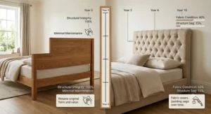 Visual timeline demonstrating the lifespan and structural integrity of wood headboards versus upholstered headboards over ten years.