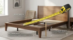 Illustration showing how to measure inside bed frame clearance height and width for an adjustable base.