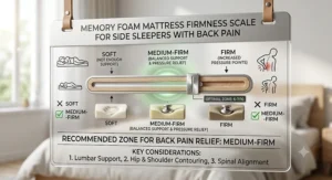 Firmness scale chart recommending medium-firm memory foam mattresses for side sleepers suffering from back pain