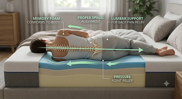 Illustration showing spinal alignment on a memory foam mattress for side sleepers with back pain