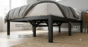 Diagram of a metal bed frame for heavy mattresses showing reinforced center support legs.