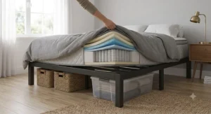 Heavy-duty metal bed frame for heavy mattresses highlighting clearance space for under-bed storage.