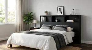Minimalist black wooden headboard with built-in storage shelves in a contemporary bedroom setup.