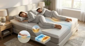 Vector graphic demonstrating motion isolation in a memory foam mattress for restful side sleeping