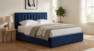 Affordable navy blue velvet upholstered queen bed frame under $300 with a cushioned headboard