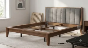 Upholstered bed frame with headboard brackets compatible with motor-driven power adjustable mattress bases.