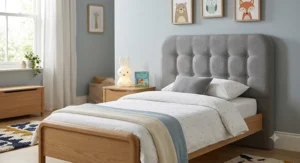 Soft padded upholstered headboard with rounded edges for kids bedroom safety
