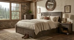 Queen wood bed frame featuring built-in storage drawers in a rustic bedroom decor setup.