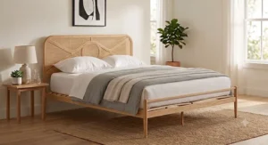 Boho style queen bed frame under $300 featuring a woven natural rattan headboard design
