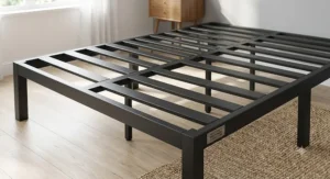 Steel slat layout on a heavy-duty metal bed frame designed to support heavy mattresses without sagging.