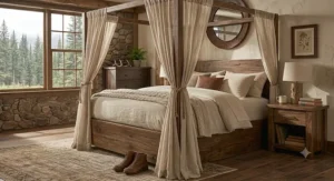 Rustic wood canopy bed frame styled with drapes in a modern farmhouse bedroom.