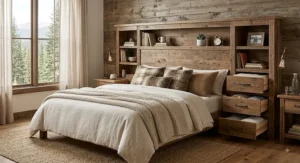 Rustic reclaimed wood headboard with built-in storage shelves and side drawers for bedroom organisation.