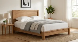 Rustic natural oak wooden queen bed frame under $300 with a matching panel headboard