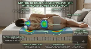 Graphic of ideal side sleeping posture with proper lower back support on a memory foam mattress