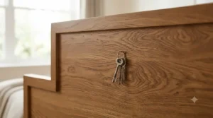 Close-up of a durable hardwood headboard surface showing scratch resistance and natural wood grain longevity.