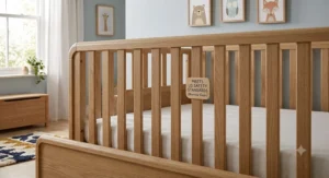 Solid wood slat headboard with narrow gap spacing meeting US child safety standards