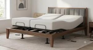 Split king bed frame holding two independent Twin XL adjustable mattress bases side by side.