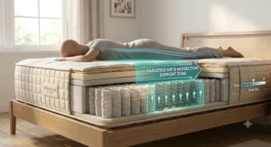 Illustration showing targeted hip and midsection support on an innerspring mattress for stomach sleepers.
