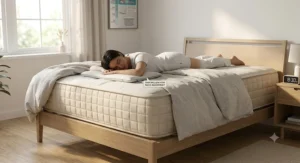 Proper bedroom setup with a thin pillow and supportive innerspring mattress for optimal neck comfort while sleeping on your stomach.