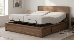 Platform storage bed frame with pull-out drawers accommodating a zero-clearance adjustable mattress frame.