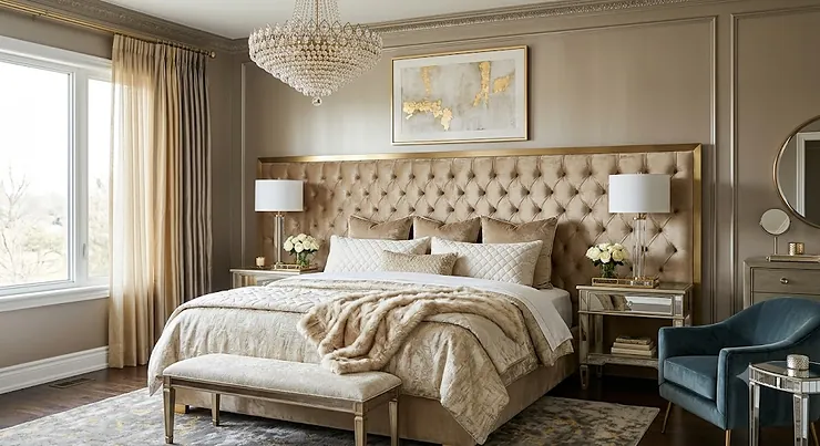 Luxurious master bedroom featuring a velvet tufted headboard in champagne with metallic decor and crystal chandelier
