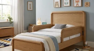 Twin bed headboard featuring built-in side guardrails to protect sleeping children