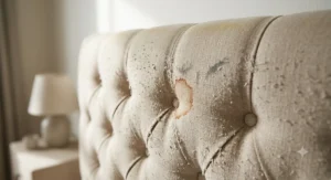 Detailed view of fabric pilling and stain susceptibility on an upholstered linen headboard after years of daily use.