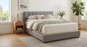 Upholstered gray no-boxspring bed frame featuring a tufted headboard and thick hybrid platform mattress.