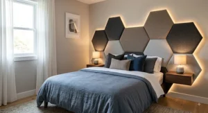 Custom upholstered geometric wall mounted headboard panels with warm ambient LED backlighting in a small bedroom