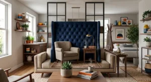 Navy blue velvet wingback headboard installed behind a fabric sofa to establish a cozy reading nook in a wide living space.