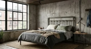 Vintage bronze metal headboard with open iron framework in a minimalist industrial bedroom setup.