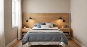Functional wall mounted headboard with built-in adjustable LED reading lights and integrated nightstand shelves