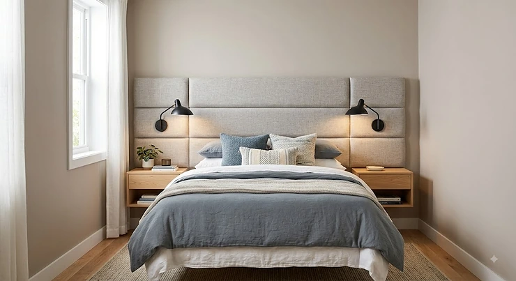 Modern floating upholstered wall mounted headboard in a compact apartment bedroom with built-in side sconces wall-mounted headboard for small bedrooms