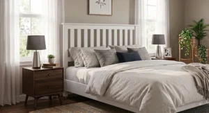 Classic white painted wooden slat queen headboard under $150 with modern bedside lamps.