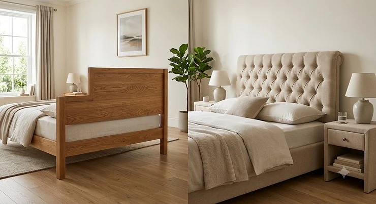 Side-by-side comparison of a solid oak wood headboard and a tufted upholstered headboard highlighting long-term durability features.