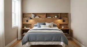 Space-saving rustic wooden wall mounted headboard featuring integrated storage shelves for small bedroom organization