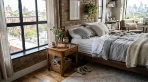 A modern 2-drawer nightstand for small bedrooms styled next to a platform bed in a city apartment.