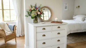 A classic white 6-drawer dresser for small bedrooms set up in a bright guest sleeping quarters.