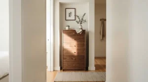 A 6-drawer dresser for small bedrooms tucked into a tight apartment wall niche with framed art above.