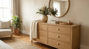 A natural wood 6-drawer dresser for small bedrooms paired with neutral-toned aesthetic room accessories.