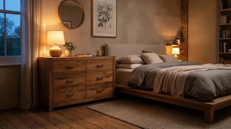 A compact 6-drawer dresser for small bedrooms positioned beside a queen-size platform bed in a cozy room.