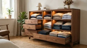 An organized 6-drawer dresser for small bedrooms with pulled-out sliding sections showing folded garments.