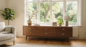 A low-profile 6-drawer dresser for small bedrooms positioned underneath a sunny casement window.