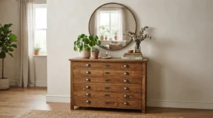 A 6-drawer dresser for small bedrooms featuring a hanging wall mirror and decorative plants on top.