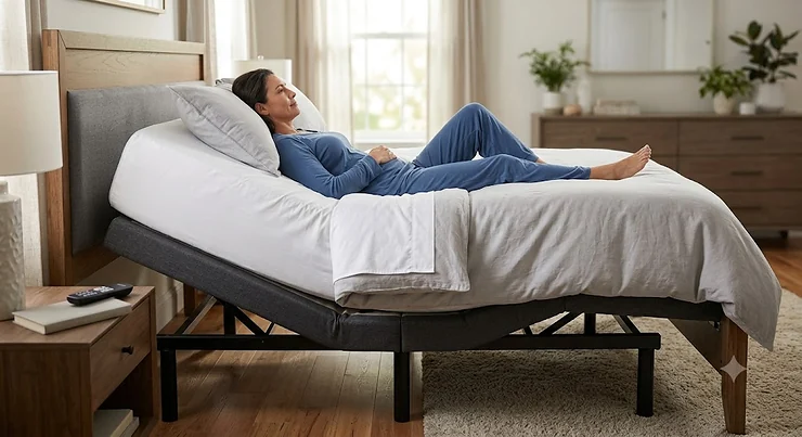 An adjustable bed base with the head portion elevated to elevate upper body position for snoring relief
