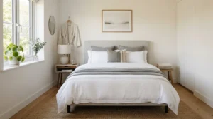 A comfortable mattress under $500 for a guest bedroom styled with neutral linens in a sunlit home.